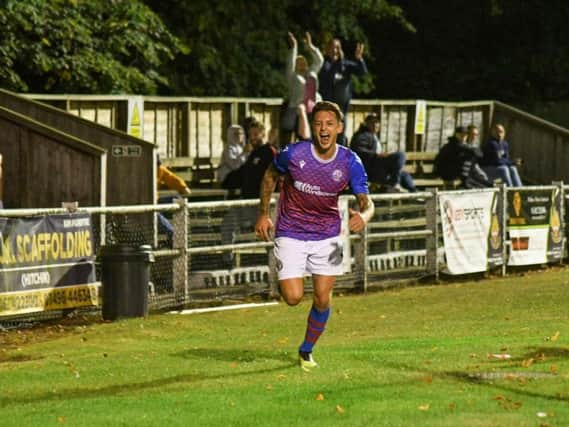 Jack Ashton shows his delight after he gave AFC Rushden & Diamonds the lead in their 1-1 draw at Hitchin Town on Monday. Picture courtesy of HawkinsImages