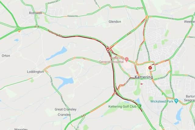 The solid red line shows traffic on the A14.