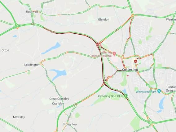 The solid red line shows traffic on the A14.