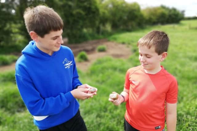 MowMow Rocks co-founder Matt Faulker's sons Harry, 13, and Oliver, 10, with their rocks. Photo: MowMow Rocks