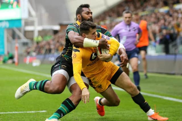 Taqele Naiyaravoro was shown a second yellow card for a high tackle on Owain James, which earned Wasps a penalty try