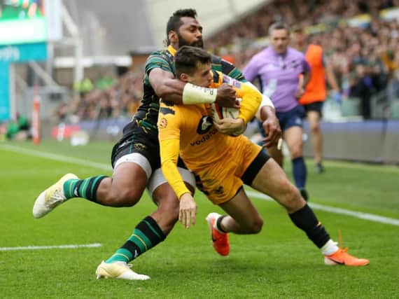 Taqele Naiyaravoro was shown a second yellow card for a high tackle on Owain James, which earned Wasps a penalty try