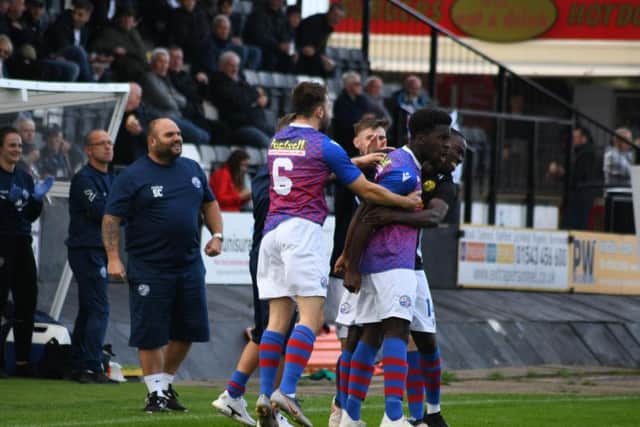 Ben Acquaye celebrates after his fine free-kick gave AFC Rushden & Diamonds the lead in their 1-1 draw at Hednesford Town at the weekend. Picture courtesy of HawkinsImages