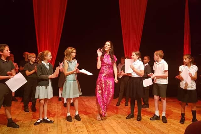 The children were invited to take part in a drama workshop led by Elizabeth Bright (pictured) who is playing Princess Jasmine, and Joe Chadwick who is playing Aladdin