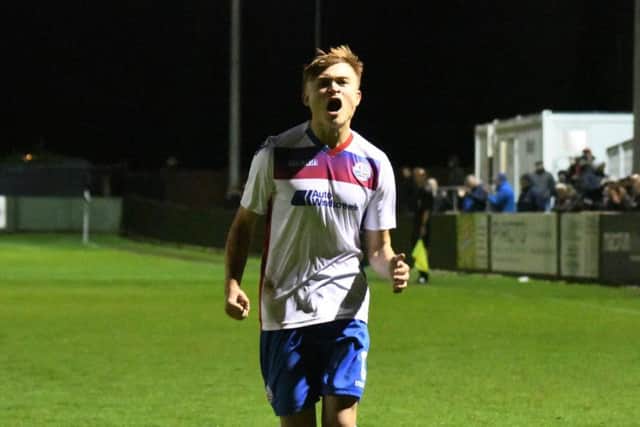 Matthew Slinn shows his delight after he scored what proved to be the winner in AFC Rushden & Diamonds' 3-2 success over Corby Town. Picture courtesy of HawkinsImages