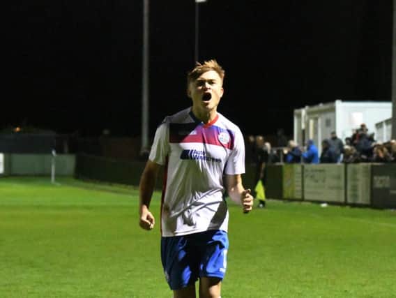 Matthew Slinn shows his delight after he scored what proved to be the winner in AFC Rushden & Diamonds' 3-2 success over Corby Town. Picture courtesy of HawkinsImages