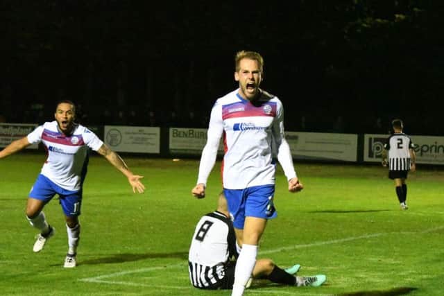Jack Bowen shows his delight after he scored AFC Rushden & Diamonds' opening goal in the 3-2 win over Corby Town in the Southern League Challenge Cup on Tuesday night. Pictures courtesy of HawkinsImages