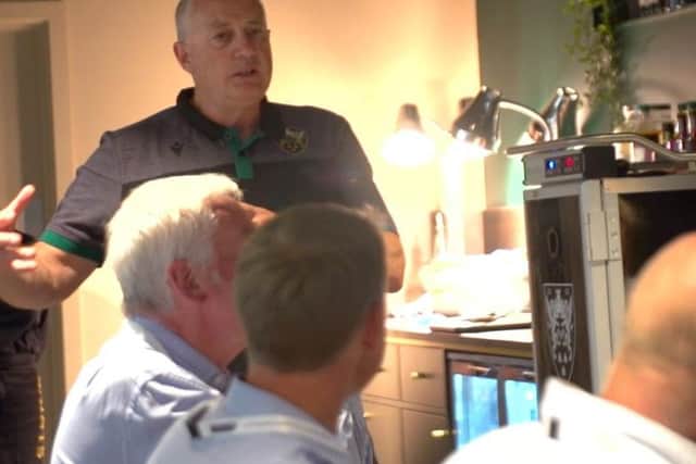 Chris Boyd giving a pre-match talk to supporters in Saints' new Tunnel Club