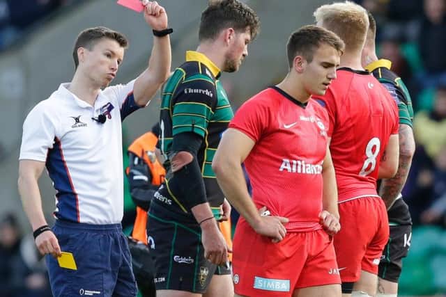 Saracens replacement Charlie Watson saw red after kicking Andy Symons in the head