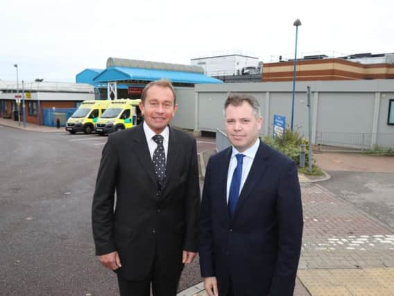 Health minister Edward Argar (right) with Kettering MP Philip Hollobone at KGH
