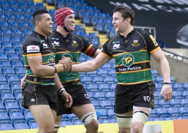 BIG SHOW - Luther Burrell (left) is congratulated after scoring at London Welsh (picture by Linda Dawson)