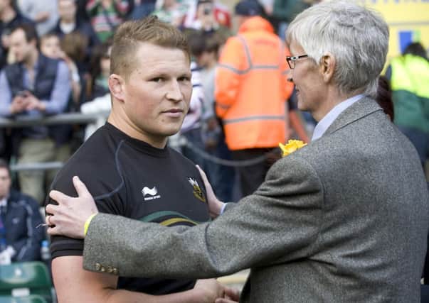 TOUGH DAY - Saints skipper Dylan Hartley is consoled by chairman Leon Barwell after the Premiership final defeat to Leicester (picture by Linda Dawson)
