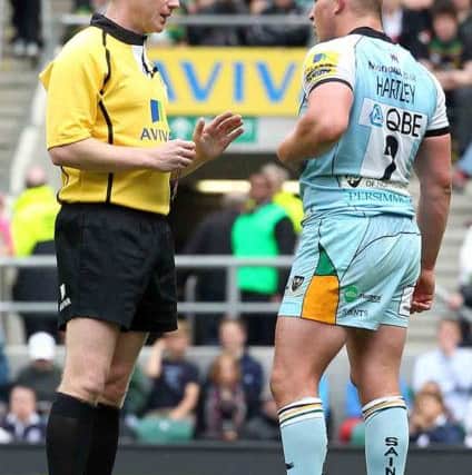 Aviva Premiership Rugby Final at Twickenham. Leicester Tigers V Northampton Saints. Referee Wayne Barnes talking to Dylan Hartley.