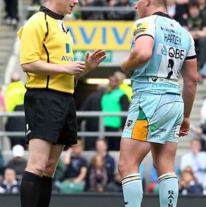 Aviva Premiership Rugby Final at Twickenham. 
Leicester Tigers V Northampton Saints. 
Referee Wayne Barnes talking to Dylan Hartley.