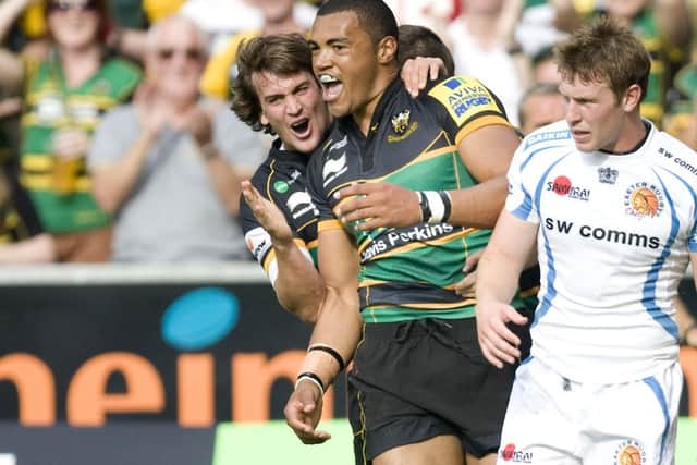 TRY GUY - Luther Burrell celebrates scoring against Exeter at Franklin's Gardens last season  (picture by Linda Dawson)