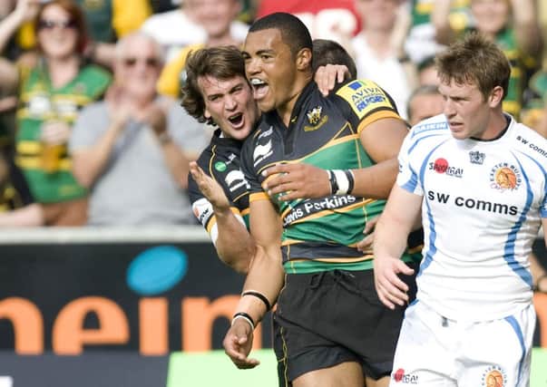 TRY GUY - Luther Burrell celebrates scoring against Exeter at Franklin's Gardens last season  (picture by Linda Dawson)