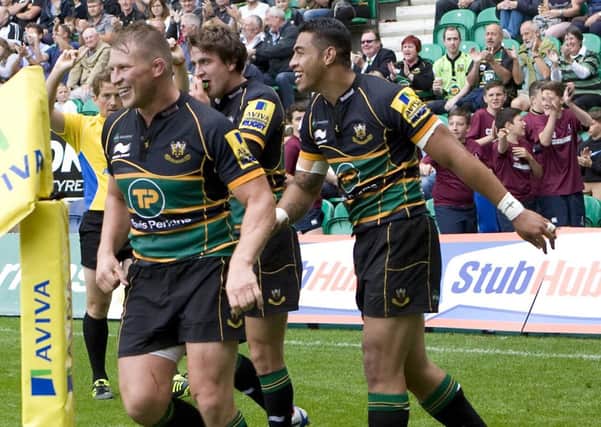 DREAM START - Saints celebrate one of their five tries during Saturday's win over Exeter Chiefs (Picture: Linda Dawson)