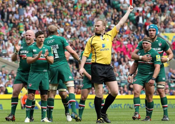 RED CARD GLEE - Dan Cole (far left) and his Leicester team-mates show their delight as referee Wayne Barnes dismisses Saints skipper Dylan Hartley in the Aviva Premiership Final at Twickenham in May (Picture: Sharon Lucey)