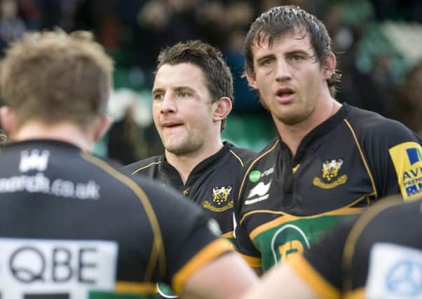 TOUGH TO TAKE - Phil Dowson and Tom Wood show their disappointment following the home Premiership defeat to Saracens last season (Picture: Linda Dawson)