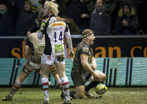 BIG-MATCH MOMENT - Dylan Hartley celebrates scoring his try in Friday night's win over Harlequins (Picture: Linda Dawson)