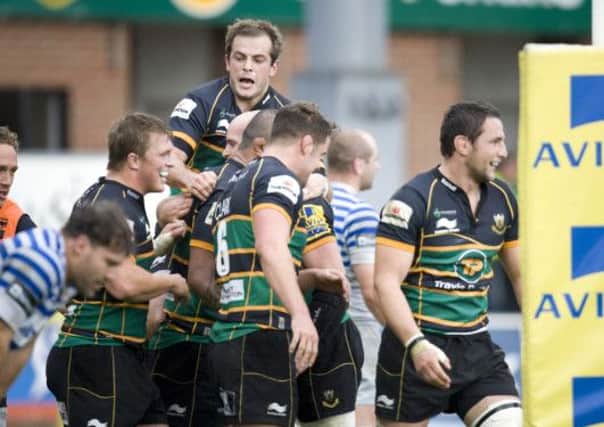 BIG RIVALRY - Saints celebrate a try in their 41-20 Aviva Premiership win over Saracens earlier this season (Picture: Linda Dawson)