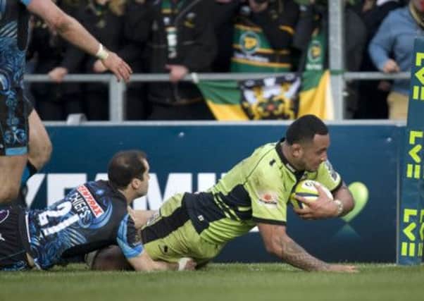 BIG BLOW - Samu Manoa, pictured here scoring his try in Sunday's LV= Cup Final defeat at Exeter, will miss the next two Saints matches as he is away on international duty with the USA (Picture: Linda Dawson)