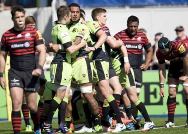 POWER PACK - Saints celebrate their penalty try at Allianz Park (Pictures: Linda Dawson)