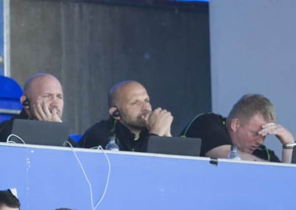 TOUGH VIEWING - Alex King (left), Jim Mallinder (centre) and Dorian West watch Saints struggle in the defeat at Saracens on Sunday (Picture: Linda Dawson)