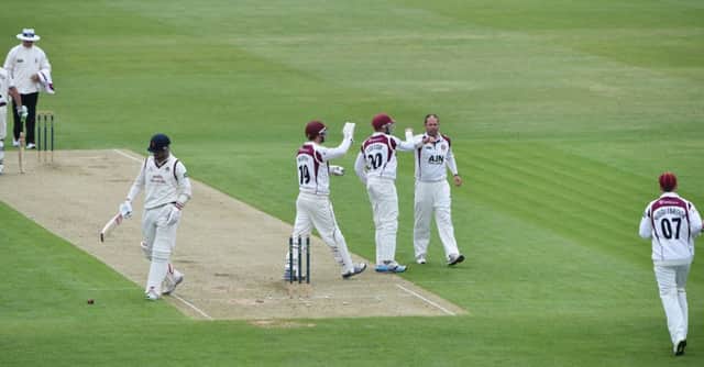 Andrew Hall is congratulated after picking up the wicket of Andrea Agathangelou