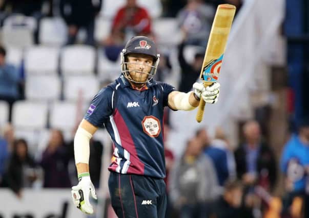 MATCH WINNER - David Willey celebrates reaching his half-century against the Foxes on Friday (Pictures: Kirsty Edmonds)