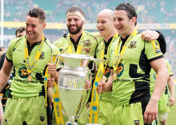 ALL SMILES - Phil Dowson (right) celebrates Saints' Aviva Premiership Final win with Calum Clark, Tom Wood and Sam Dickinson (Picture: Kirsty Edmonds)