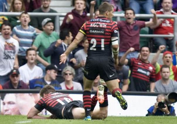 HUGE MOMENT - Owen Farrell goes over for his 'try', which was moments later disallowed after an intervention from the TMO (Pictures: Linda Dawson)