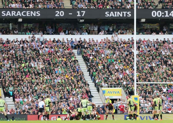 PRESSURE PLAY - as the clock ticks down, the Saints players push for their winning try against Saracens at Twickenham (Picture: Kirsty Edmonds)
