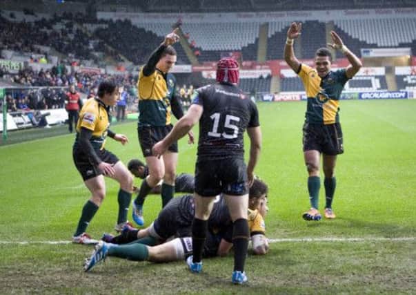 George Pisi scores a try in Saints' Heineken Cup victory at Ospreys in January (picture: Linda Dawson)