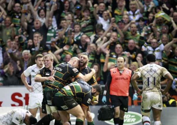MAGICAL MOMENT - Tom Wood celebrates his crucial try in the Aviva Premiership semi-final win over Leicester Tigers (Picture: Linda Dawson)