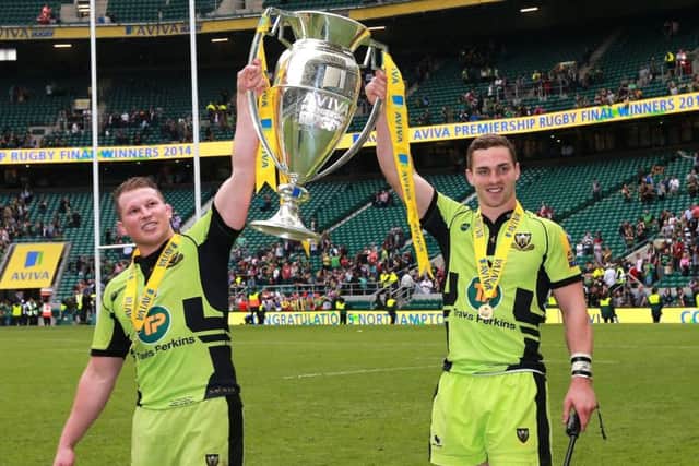 Dylan Hartley and George North celebrate last season's Premiership triumph