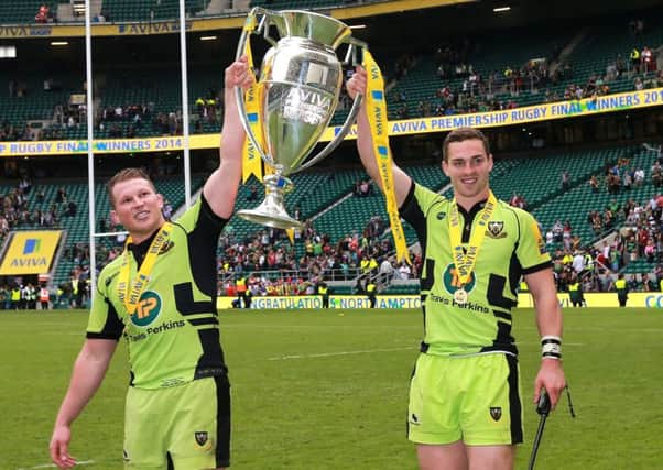 Dylan Hartley and George North celebrate last season's Premiership triumph