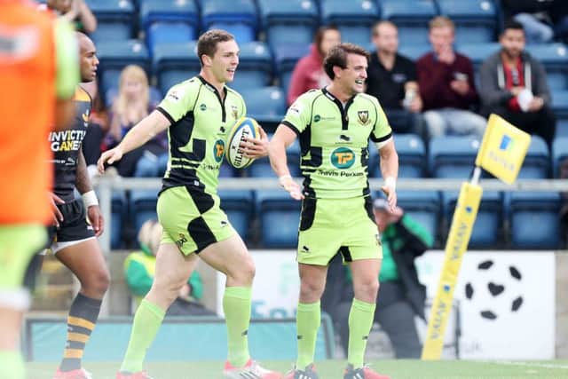 London Wasps v Northampton Saints. Aviva Premiership, Adams Park, High Wycombe.
George North and Lee Dickson. NNL-140914-204605009