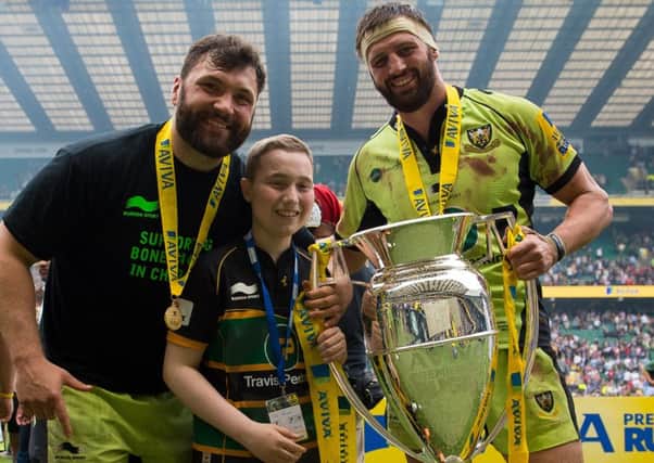 INSPIRATION - Luis Ghault with Alex Corbisiero and Tom Wood after the Aviva Premiership Final win over Saracens in May (Picture: Claire Jones)