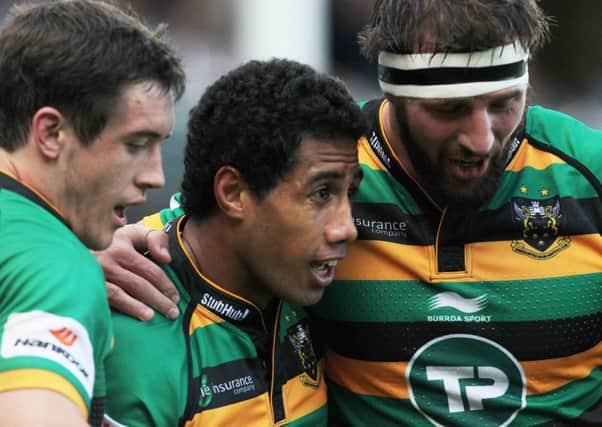 STAR TURN - Ken Pisi celebrates his try against Sale with Jamie Elliott (left) and Tm Wood (Picture: Sharon Lucey)