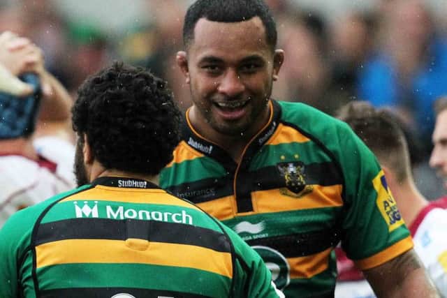 Saints V Sale Sharks.
Kahn Fotuali'i and Samu Manoa celebrating Fotuali'i's try. NNL-141210-002301009