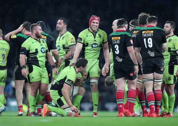 JOB DONE - Saints players enjoy their win over Harlequins on Saturday, but Calum Clark says there is more to come from him and his team-mates (Picture: Sharon Lucey)