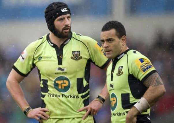 PAINFUL AFTERNOON  - Tom Wood and Kahn Fotuali'i show their disappointment after Saints' defeat at Sale in March