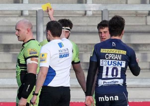 OFF DAY - Sam Dinkinson is shown a yellow card during Saints' disappointing defeat at Sale (Picture: Sharon Lucey)