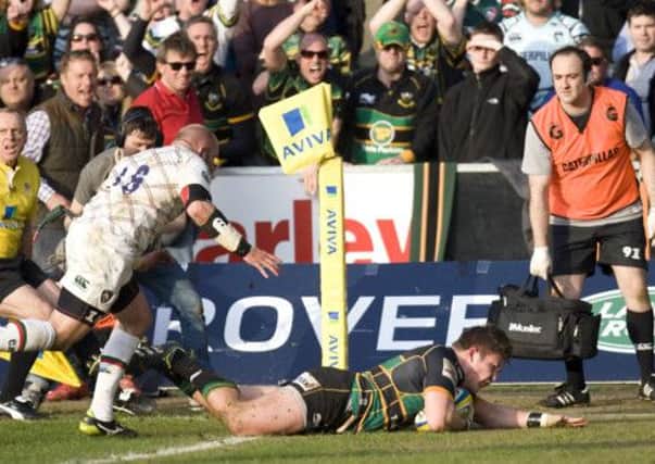 DERBY EXPERIENCE - Ethan Waller scores for Saints in their Premiership defeat to Leicester in March 2014
