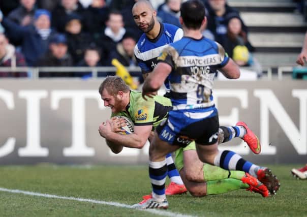TRY GUY - Mike Haywood goes over for his score against Bath (Pictures: Kirsty Edmonds)
