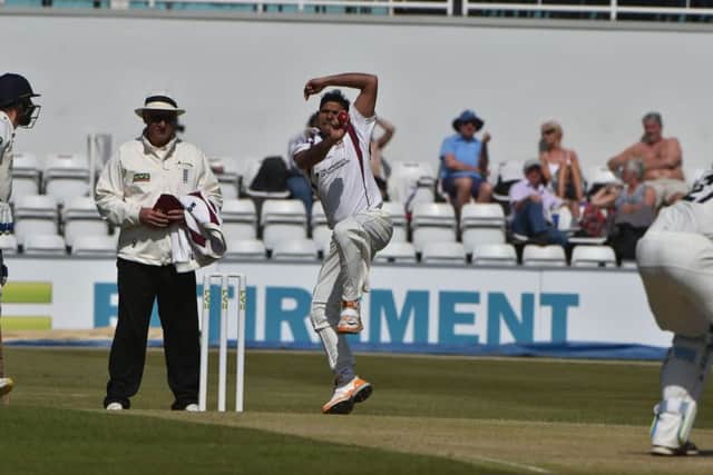 Mohammad Azharullah bowls for Northamptonshire against Gloucestershire in the LV= County Championship
