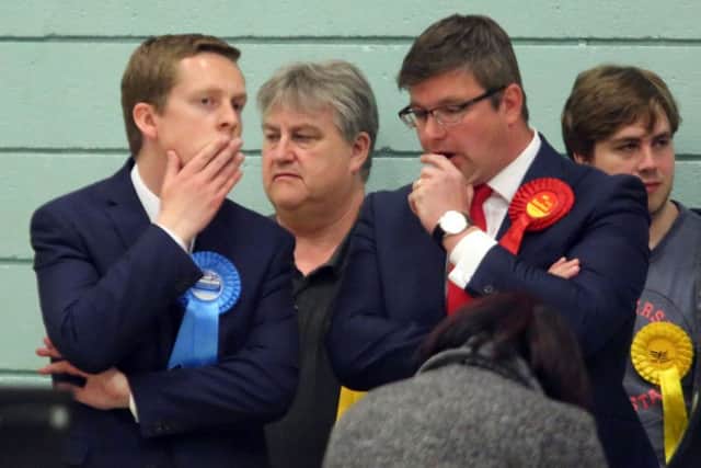 General Election: Corby: Counting votes at Lodge Park Sports Centre for Corby and East Northants
Tom Pursglove (Conservative) and Andy Sawford (Labour) chat animatedly
Friday May 8th 2015 NNL-150805-043623009