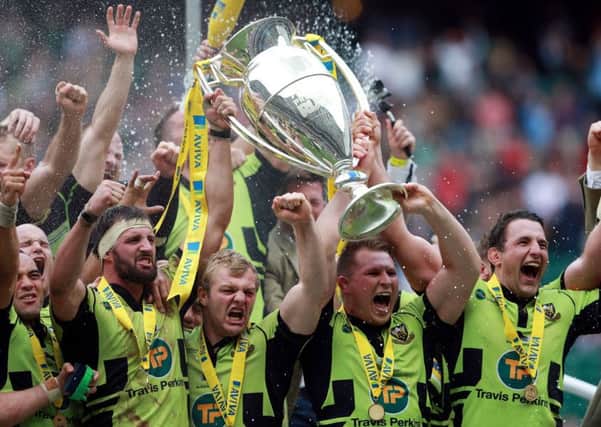 Phil Dowson (right) lifted the Aviva Premiership trophy with Saints last year