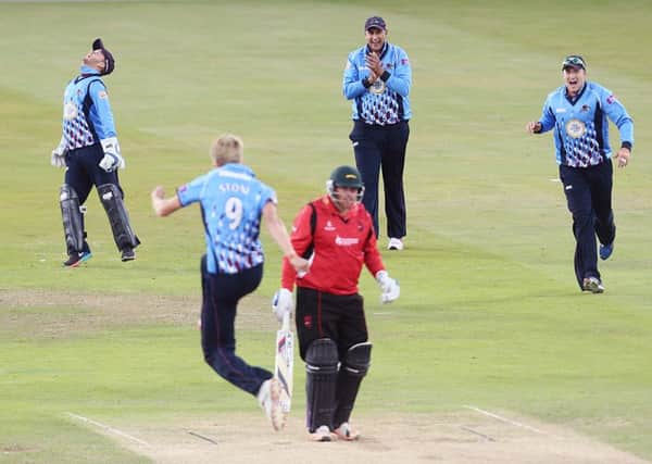 Olly Stone celebrated three crucial wickets at the County Ground (picture: Kirsty Edmonds)